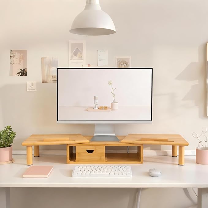Dual Monitor Stand Riser with Drawer for Desk Laptop Desk Shelf with Adjustable Length and Angle, Bamboo Computer Stand Riser for 2 or 3 Monitors Screen Laptop PC TV -Natural