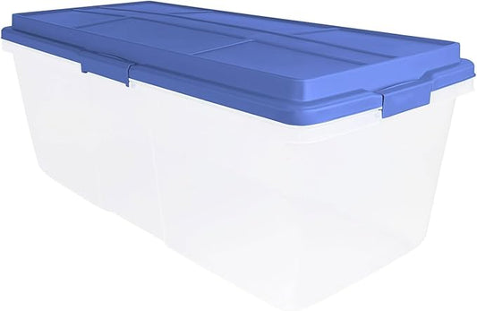 113 Qt Clear Stackable Latching Storage Bin with Smoke Blue Lid,Large Storage Bins With Lids, 36x16.8x14.2 Inches for Home & Garage Organization
