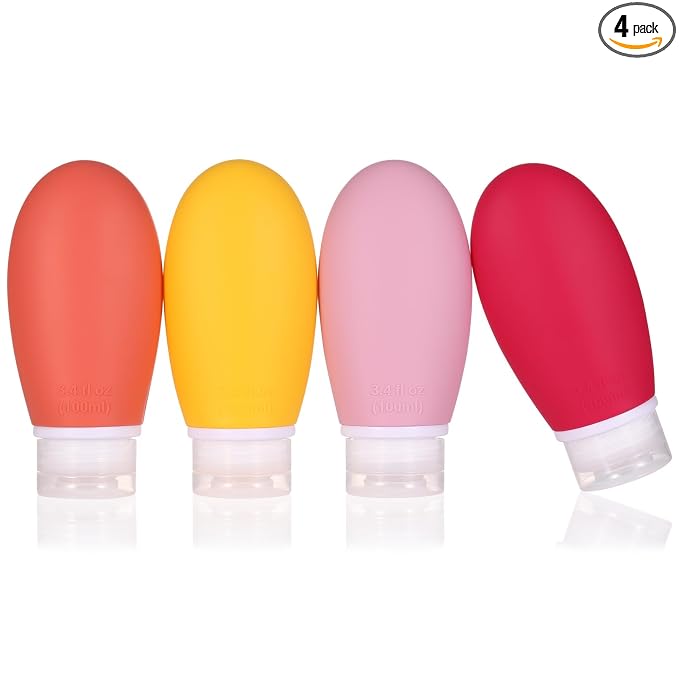 LIYUABU Leak Proof Silicone Travel Bottles,4 Pack 3.4oz Liquid Squeezable Refillable Portable Accessories/Cosmetic Containers,BPA Free,Travel Size Bottles for Toiletries Shampoo Conditioner Lotion