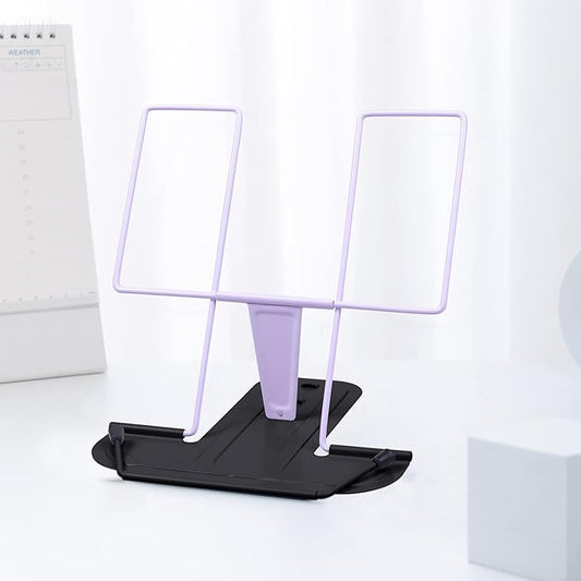 MSDADA Metal Book Stand for Desk, Adjustable Reading Rest Book Holder, Portable Cookbook Documents Holder, Sturdy Typing Stand for Recipes Textbooks Tablet Music Books with Page Clips (Purple+Black)