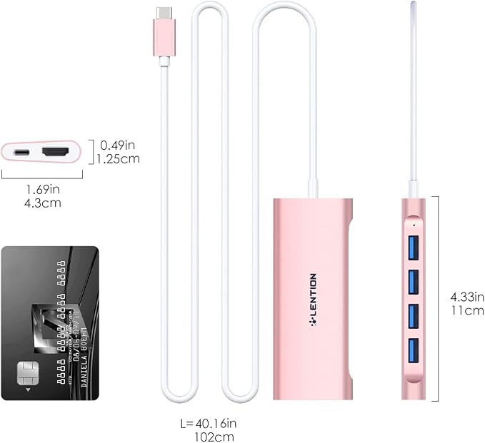 LENTION 3.3FT Long Cable USB C Hub with 4K HDMI, 100W PD Charging, 4 USB 3.0 Port & LED Indicator for MacBook Pro/Air, Dell XPS, HP, Chromebook, More, Stable Driver Adapter (C35-1M, Rose Gold)