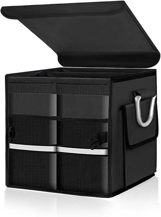 Trunk Organizer with Lid, 28L Collapsible Cargo Organizer with Aluminum Handles & Reflective Strip, Multi-Purpose Waterproof Oxford Storage Box for Cars Trucks SUVs Minivans (Black)