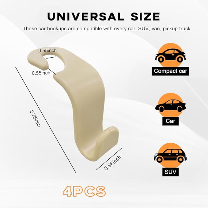 povtii 4PCS Car Seat Headrest Hook, Auto Back Seat Hanging Storage Organizer, Vehicle Seatback Hanger Holder for Purse Handbag Coat Umbrella, Universal Interior Car Accessories (Beige)