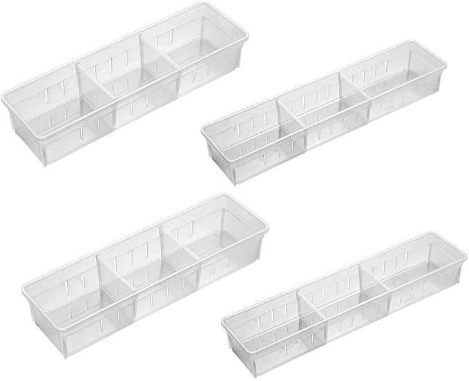 Chris.W Desk Drawer Organizer Tray with Adjustable Dividers, Multi-Drawers for Makeups, Utensil, Pens, Flatware and Junks - Set of 4 (2 Large + 2 Small),13.8 Inch Length