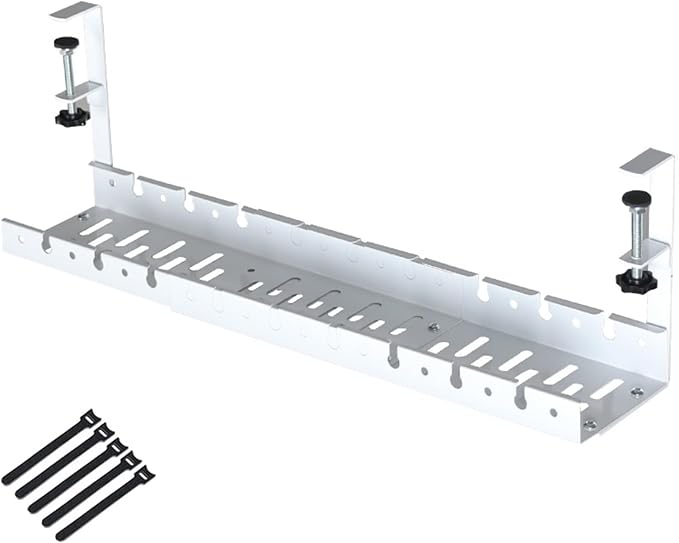 No Drilling Extendable Under Desk Cable Management, Metal Cable Tray Under Desk with Clamp, Retractable Power Strip Cord Holder for Wire