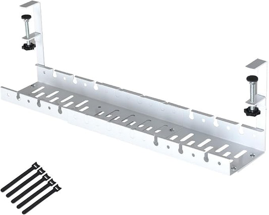 No Drilling Extendable Under Desk Cable Management, Metal Cable Tray Under Desk with Clamp, Retractable Power Strip Cord Holder for Wire