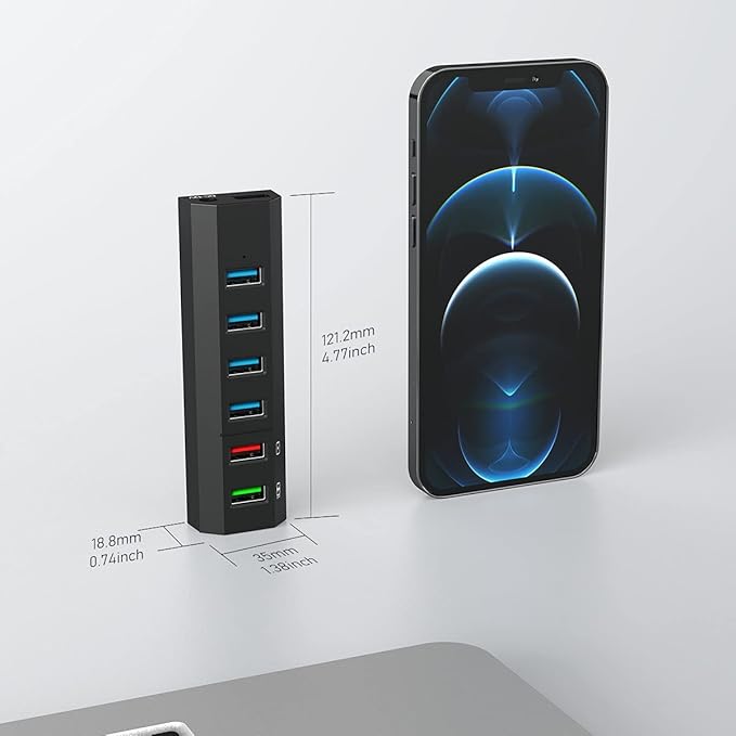 USB Hub, Aiibe 6 Ports Super High Speed USB 3.0 Hub Splitter + 24W Power Adapter + USB 3.0 Cable, Black Smart Fast Charger Powered USB Hub for Laptop, Mac, PC, Mobile HDD, Mulitple Devices
