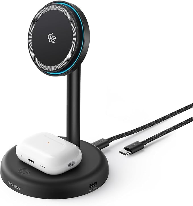THREEKEY 25W Wireless Charger Stand: Qi2.2 Certified 2-in-1 Fast Charging Station for Apple with Cooling Fan - for iPhone 17/16/15/14/13/12 & AirPods Nightstand, Office, Desk (No Adapter)