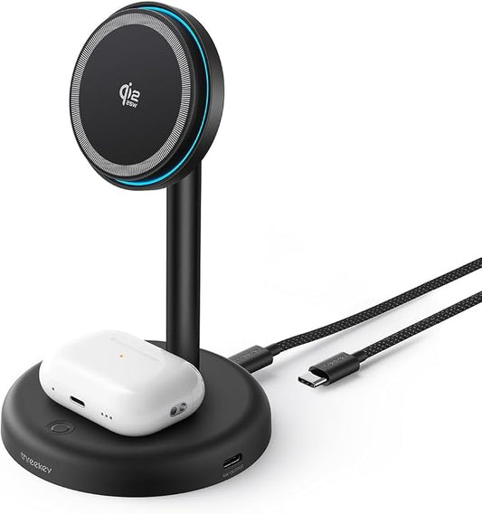 THREEKEY 25W Wireless Charger Stand: Qi2.2 Certified 2-in-1 Fast Charging Station for Apple with Cooling Fan - for iPhone 17/16/15/14/13/12 & AirPods Nightstand, Office, Desk (No Adapter)