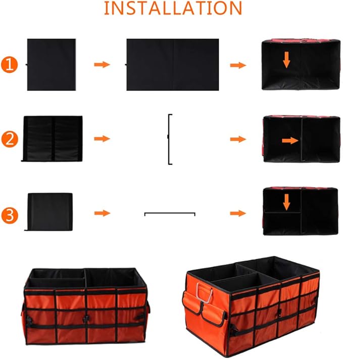 Car Trunk Organizer Collapsible Portable Multi Compartments Organizer with Non Slip Straps for SUV Truck Auto Vehicle Car Auto Minivan (Large without cover, Orange)