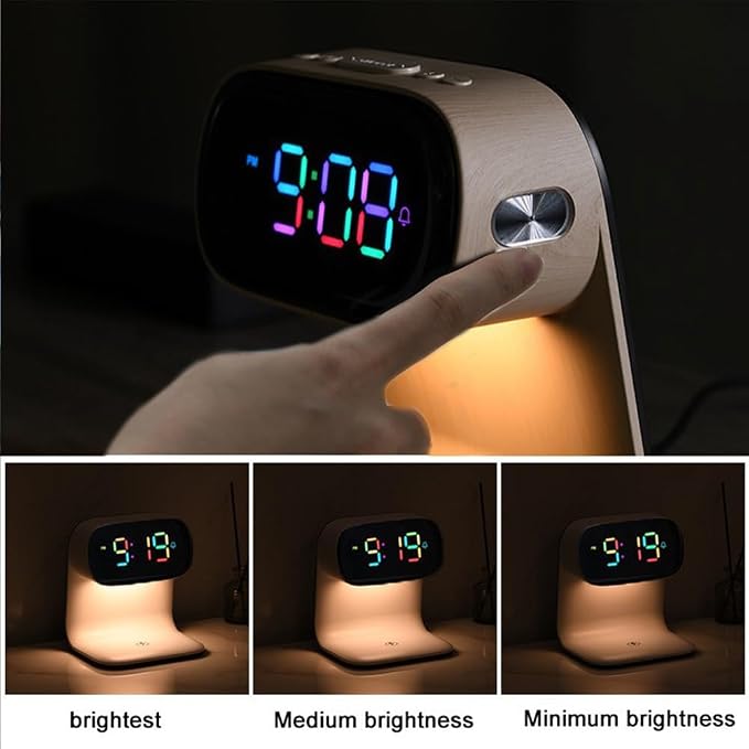 AYI 3in1 Large Color Screen Wireless Charging Station with Alarm Clock & Night Light 15W Fast Charger for Phone & Earbuds 7-Color LED Display Dual Alarm 3Level Dimmable Touch Lamp Wood A40