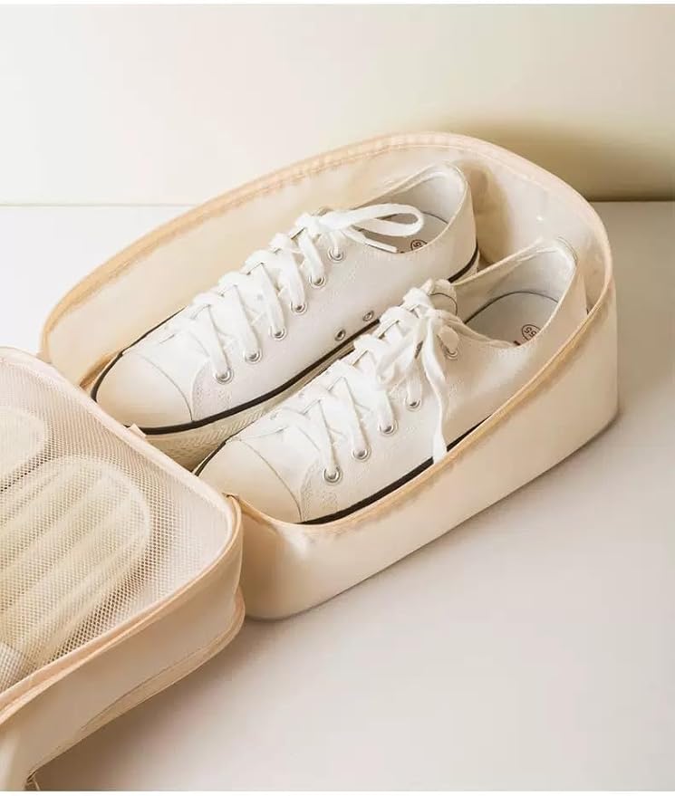 Waterproof Nylon Shoe Bag for Suitcase, Double Layer Portable Shoe Pouch for 3 Shoes, Travel Shoe Storage Bag with Zipper for Men and Women (Beige)