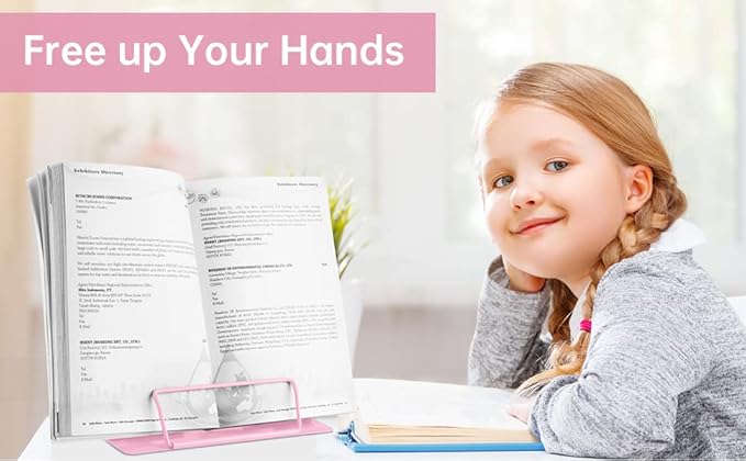 Honagu Book Stand Metal Desk Book Holder, Book Holders for Reading Hands Free, Adjustable Cookbook Documents Holder, Portable Bookstand for Music Books, Textbook, Recipe, Tablet, Ipad (Light Pink)