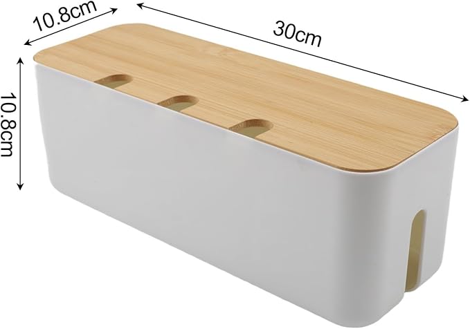 FABULETTA Desktop Cord Organiser Box with Wooden Lid, Cable Management Solution for Power Strip Hider, ABS Plastic Wire Storage Container and Junction Box Cover for Home Office Use(white)