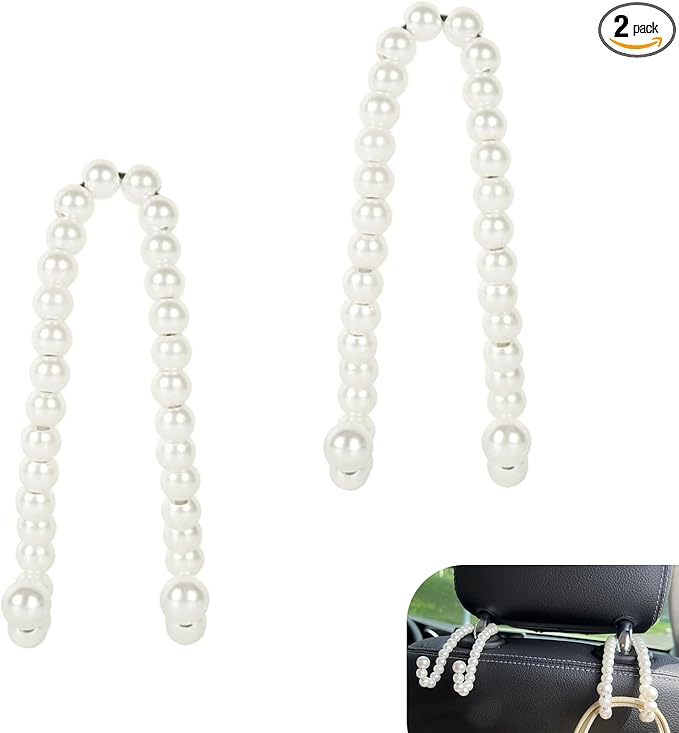 WZP 2PCS Pearl Car Seat Headrest Hook, Cute Car Purse Holder, Car Seat Hook Hanger Storage Organizer for Key Bag Umbrellas Coat, Universal Auto Interior Decor Accessories for Women Girls