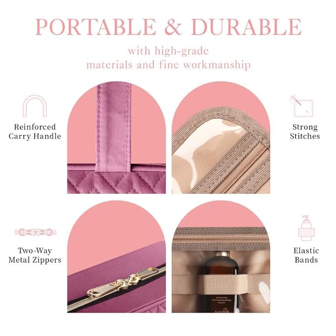 HOTOR Travel Toiletry Bag - Hanging Toiletry Bag for Women & Men, Makeup Bag/Big Comparment, Waterproof for Travel Accessories, Travel Essentials, Large, Rosewood-Pink