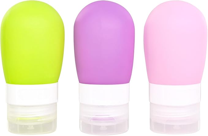 Mziart Travel Bottles for Toiletries, TSA Approved 2oz Silicone Travel Size Containers, 3 Pack Leak-Proof Squeezable Refillable Shampoo and Conditioner Bottles (Pink, Purple, Green)