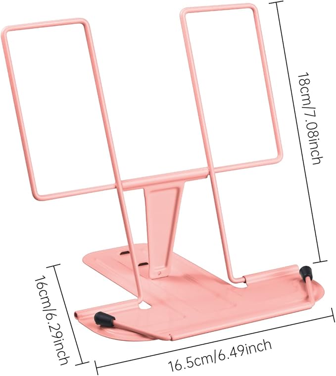 MSDADA Metal Book Stand for Desk, Adjustable Reading Rest, Portable Cookbook & Document Holder, Sturdy Typing Stand for Recipes, Textbooks, Tablets & Music Books with Page Clips (Morandi Pink)