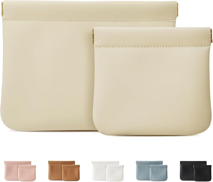 2 Pack Small Makeup Bag for Women, New Organosilicon Super Fiber PU Leather Mini Cosmetic Bag for Travel, Coin Purse Organizer Storage Pouch (No Phrase Printed, Beige)
