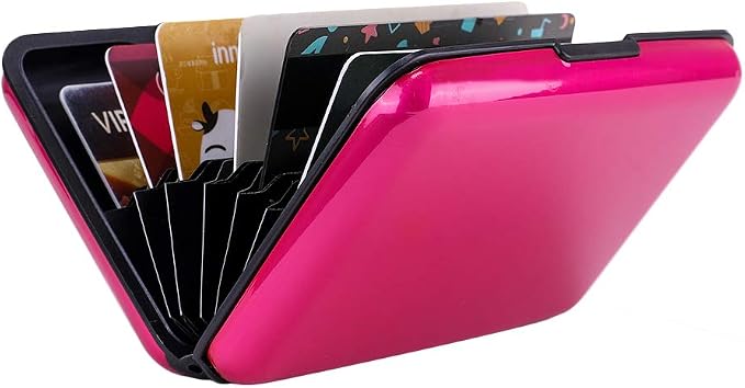 ELFISH Mini RFID Aluminum Wallet Credit Cards Holder Business Card Case Metal ID Case for Men Women (Pink)