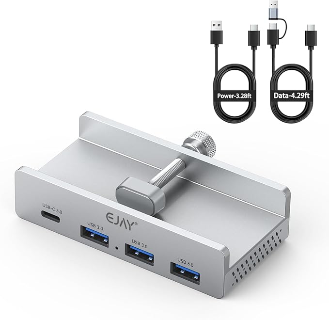 EJAY Mountable 4Ports USB3.0 HUB Alu Desktop Clamp Type C USB3.0 Splitter for Desk/Monitors with Extra Power Supply Port,59inches Data & 39inches Power Cables-5Gbps, Silver