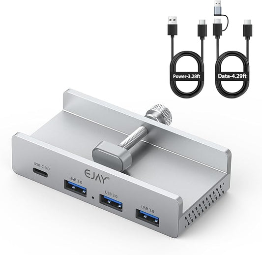 EJAY Mountable 4Ports USB3.0 HUB Alu Desktop Clamp Type C USB3.0 Splitter for Desk/Monitors with Extra Power Supply Port,59inches Data & 39inches Power Cables-5Gbps, Silver