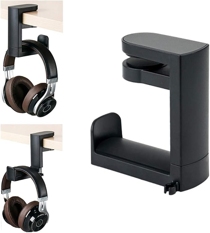 HDW Headphone Stand Holder Mount,Gaming Headset Hanger with Earphone Cable Clip Organizer,Under Desk Headphones Hook with Adjustable 360 Degree Rotation Clamp Black