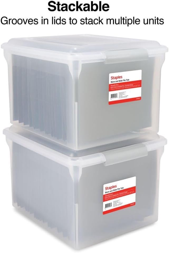 STAPLES Store & Slide Plastic File Box Latching, Letter/Legal Size, Clear, 4/Carton