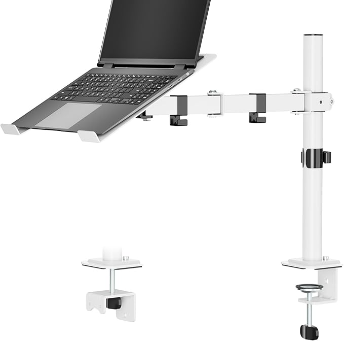 White Laptop Desk Mount with Vented Tray for Notebook up to 17 inch, Fully Adjustable Single Laptop Arm Stand Holds up to 17.6 lbs, Clamp on/Grommet Mounting