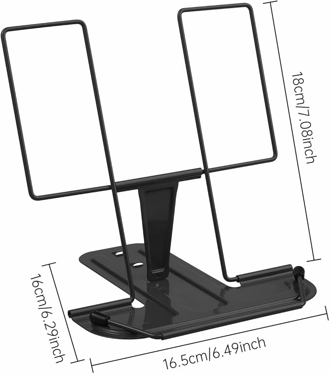 MSDADA Metal Book Stand for Desk, Adjustable Reading Rest Book Holder, Portable Cookbook Documents Holder, Sturdy Typing Stand for Recipes Textbooks Tablet Music Books with Page Clips (Black)