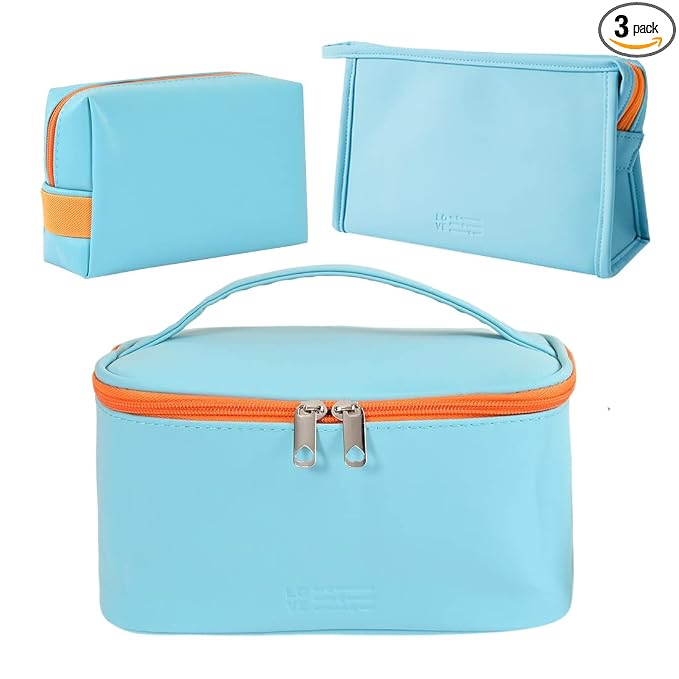 FITINI 3 Pieces Makeup Bag for Women Travel Toiletry Bag Portable Cosmetic Pouch Organizer with Girls Small Brush Holders Zipper Waterproof Storage Case,Light Blue