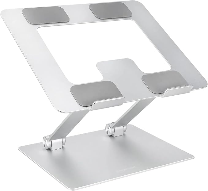 Amazon Basics Sturdy and Portable Ergonomic Laptop Stand for Desk, Height Adjustable Riser with Ventilated Cooling, Foldable, Fits all Laptops up to 17.3 Inch, Silver, 10 x 8.7 x 6 in