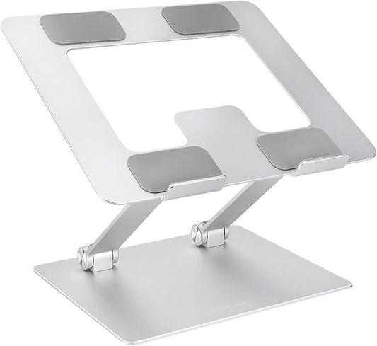 Amazon Basics Sturdy and Portable Ergonomic Laptop Stand for Desk, Height Adjustable Riser with Ventilated Cooling, Foldable, Fits all Laptops up to 17.3 Inch, Silver, 10 x 8.7 x 6 in