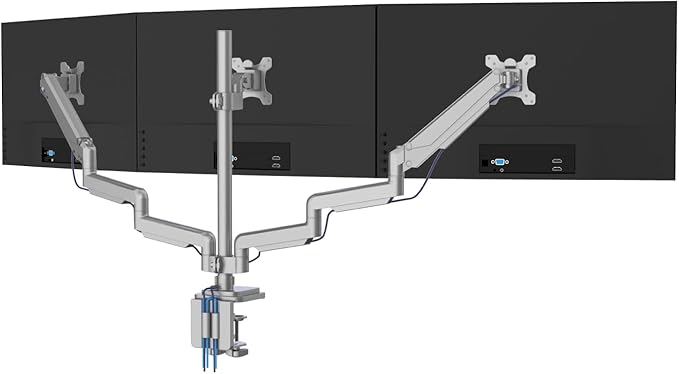 Mount-It! Triple Monitor Mount with Gas Spring Arms, Fits 24??2 Inch Screens, USB & Audio Ports, Full Motion Desk Stand with Tilt, Swivel & Rotation, Heavy Duty Silver 3 Screen Arm with Clamp