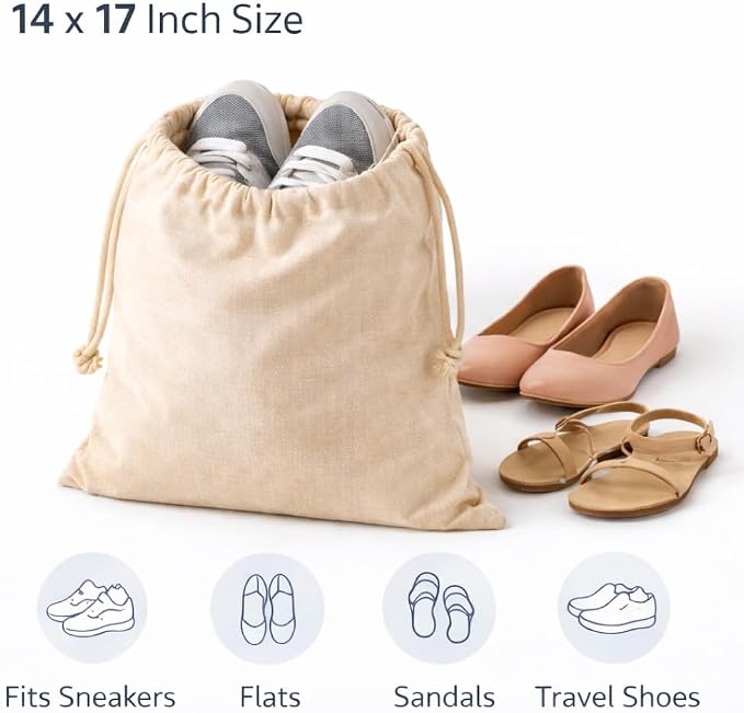 Cotton Shoe Bags with Drawstring | Dustproof, Washable Travel Shoe Pouch | Natural Canvas Organizer for Men & Women | Fits Sneakers, Sandals, Slippers | 14” x 17” (Pack of 3)