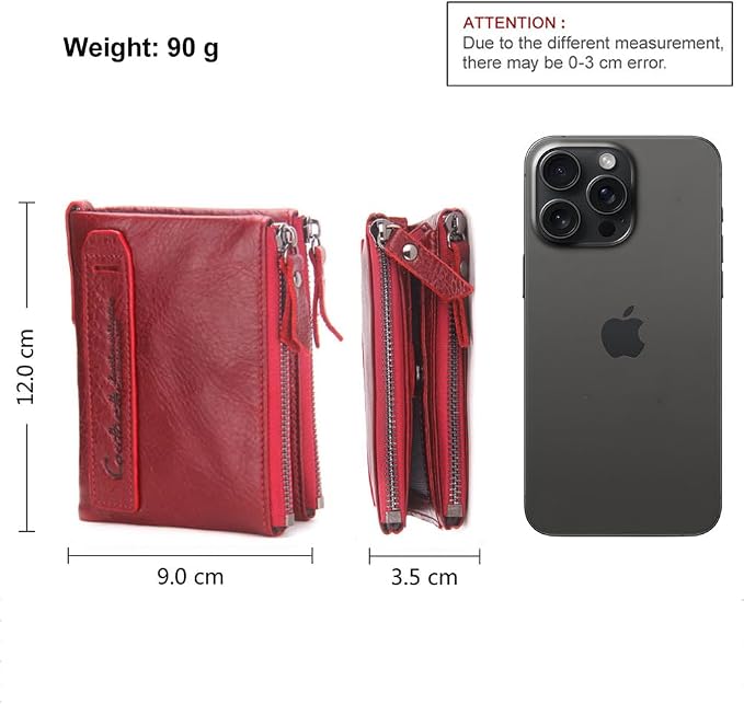 CONTACTS Soft Leather Wallet for Women Small Bifold Coin Purse Double Zipper Card Holder with RFID Blocking (Red)