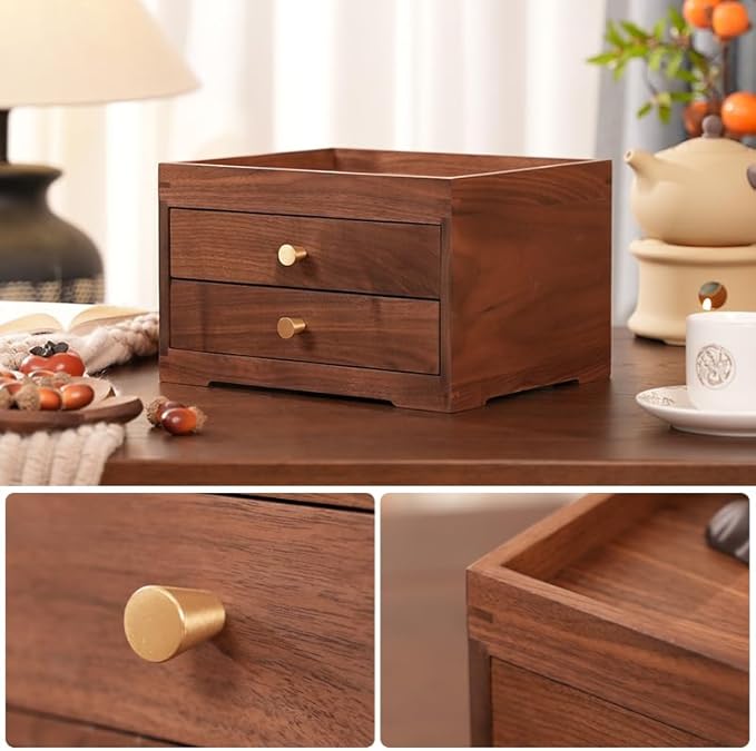 Solid Walnut Wood Desk Drawer Organizer – 1/2 Tier Desktop Storage Box with Drawers for Stationery, Makeup, Jewelry, Remote Control (Double)