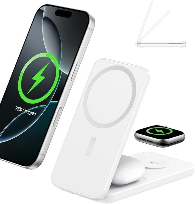 3 in 1 Charging Station for Apple Devices, MagSafe Compatible Ultra-Slim Foldable Travel Wireless Charger for iPhone 17/16/15/14/13/12 Pro Max Plus, Apple Watch Series/Ultra/SE and AirPods Pro
