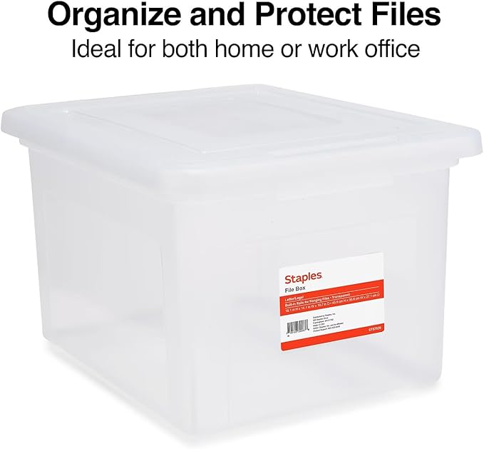 STAPLES Plastic File Box with Snap Lid, Letter/Legal Size, Clear, 4/Carton