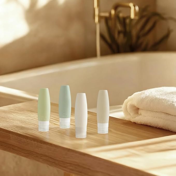 4 PCS Silicone Travel Bottles, 2oz Refillable Toiletries Containers Set, Small Empty Travel Size Bottles for Shampoo, Lotion, Shower Gel (Morandi)