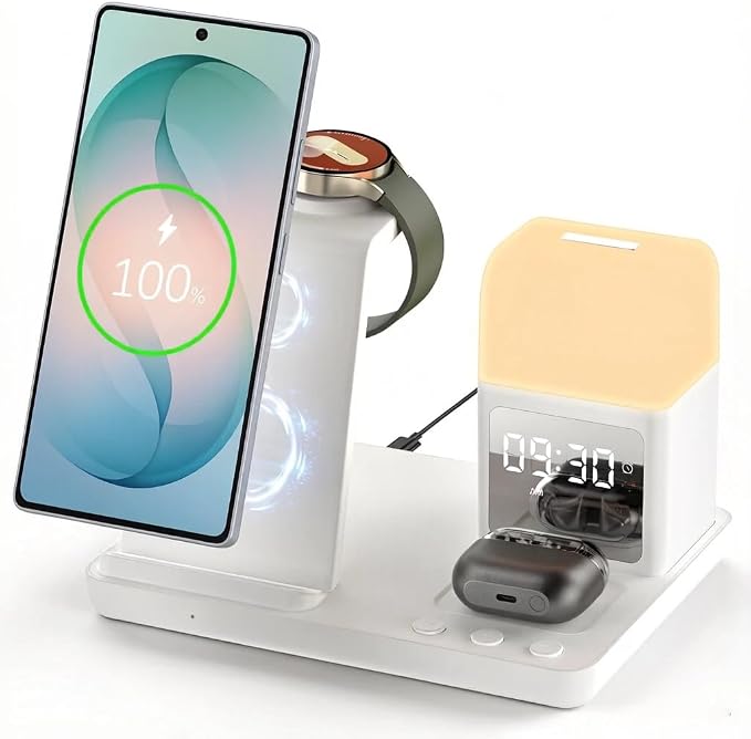 Wireless Charger for Samsung/Android, 6 in 1 Phone Nightstand Charging Station Charger with Alarm Clock/Night Light for Samsung S26/S25/S24 Ultra/Buds4,Watch Charger for Galaxy Watch 8/7/6/5