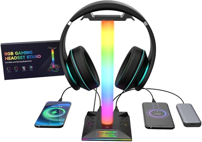 Gaming Headset Stand with Charging Hub for Desk - 3 Ports (USB/Tpye-C Charging Port), RGB PC Gamer Headphone Holder with 10 Color Lighting Modes, Touch Control, Desk Headsets Organizer