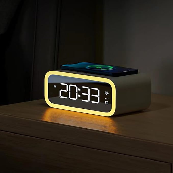 AYI 4in1 Smart Wireless Charging Alarm Clock with Mirror Display | 15W Fast Charger for Phone & Earbuds, 3 Group Alarms, Warm White/Yellow Night Light, Temperature Display Extra USB Port-White