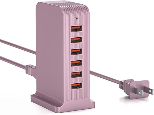 Charging Station for Multiple Devices,VPSUN 50W USB Charger Tower,Multi 6 Port USB Charging Hub Compatible with iPhone 15/14/14 Pro/14 Pro Max/Android/Samsung/Tablet,etc(Pink, 50W)
