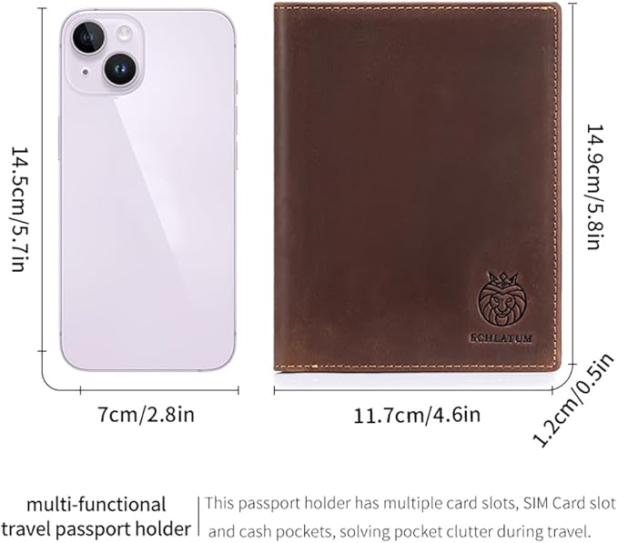 Genuine Leather Passport Holder for Travel Men and Women, Bifold Slim RFID Blocking Wallet with 2 Passport Slots, 5 Card Slots, Cash Pocket & SIM Ejector Vintage Crazy Horse Leather (Coffee, Small)