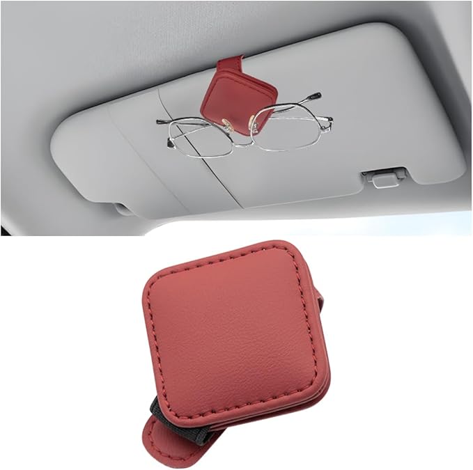 Sunglasses Holder for Car Visor, Magnetic Leather Vehicle Glasses Ticket Card Clip, Automotive Interior Eyeglass Hanger Organizer Accessories, Universal for SUV, Sedan, Truck (Wine Red)