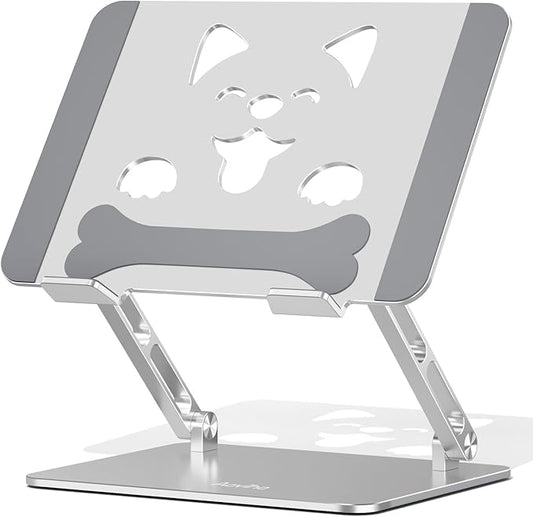 Laptop Stand for Desk-Adjustable, Foldable, Portable, Ergonomic Aluminum Notebook Riser with Unique Puppy Cooling Vent, Desk Gift for 10-17.3" Devices Mac, Dell, HP, Lenovo, Samsung, Silver