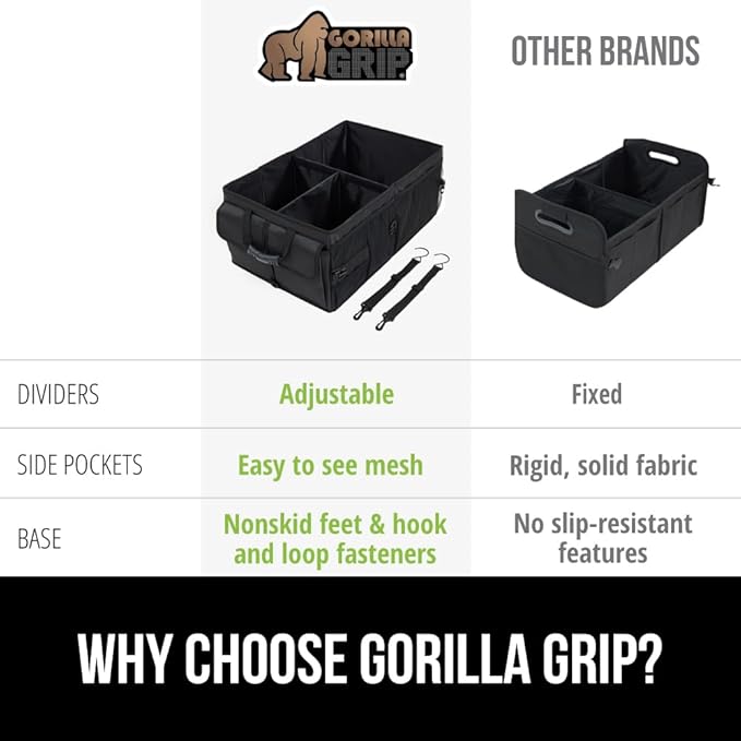 GORILLA GRIP Large Capacity Sturdy Trunk Storage Organizer, Slip and Water Resistant Collapsible Organization Container for Car Sedan or SUV, Multi Compartment Box Vehicle Accessories, 2 Pack, Black
