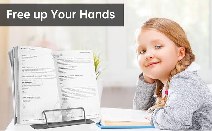 Honagu Metal Desk Book Holder, Hands Free Adjustable Cookbook & Document Holder, Portable Bookstand for Music Books, Textbooks, Recipes, Tablets & iPads (Grey)