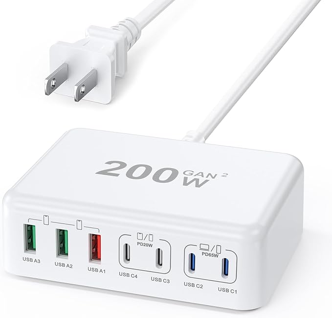 200W USB C Charger Block, 200W GaN 7 Port USB Charging Station PD 65W Laptop Power Adapter Wall Plug, USB C Block Charging Hub Compatible with MacBook Pro/Air/iPhone 16/15/14/13/iPad/Galaxy S24/S23